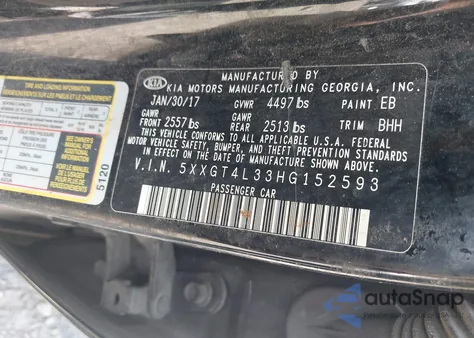 2017 Kia Optima Lx из США, поврежденный, VIN 5XXGT4L33HG152593